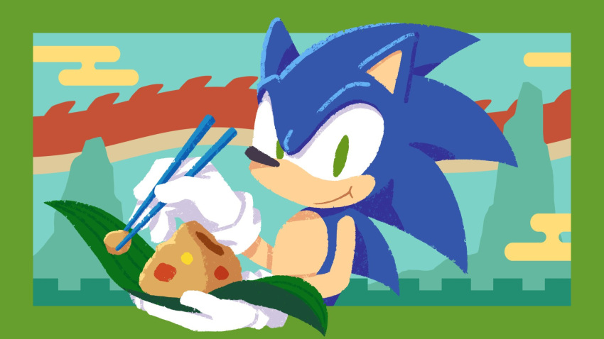 1boy animal_ears animal_nose blue_fur blue_hair chopsticks food gloves green_eyes highres official_art sonic_(series) sonic_the_hedgehog white_gloves zongzi