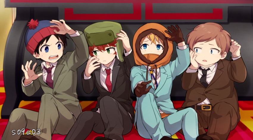 4boys beanie belt black_hair blonde_hair blue_eyes brown_gloves brown_hair colored_skin eric_cartman formal gloves green_eyes haizai hat hood kenny_mccormick kyle_broflovski multiple_boys necktie south_park stan_marsh suit white_skin