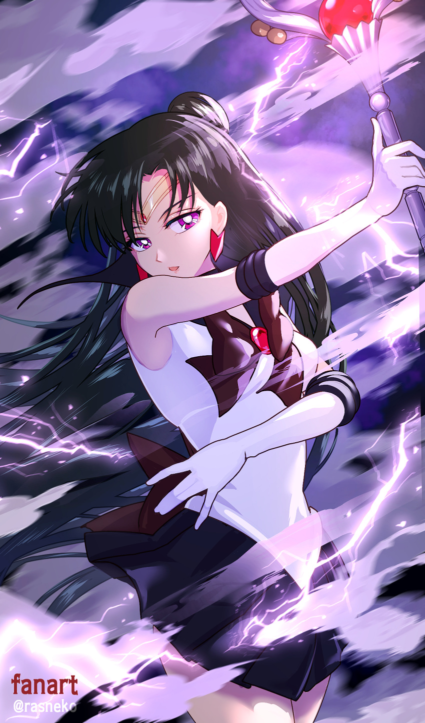 1girl armpits bishoujo_senshi_sailor_moon black_hair black_skirt circlet earrings elbow_gloves garnet_rod gloves hair_bun half_updo highres holding jewelry leotard lips lipstick long_hair looking_at_viewer makeup meiou_setsuna parted_lips pleated_skirt purple_hair rasneko sailor_pluto sailor_senshi_uniform skirt sleeveless solo white_gloves