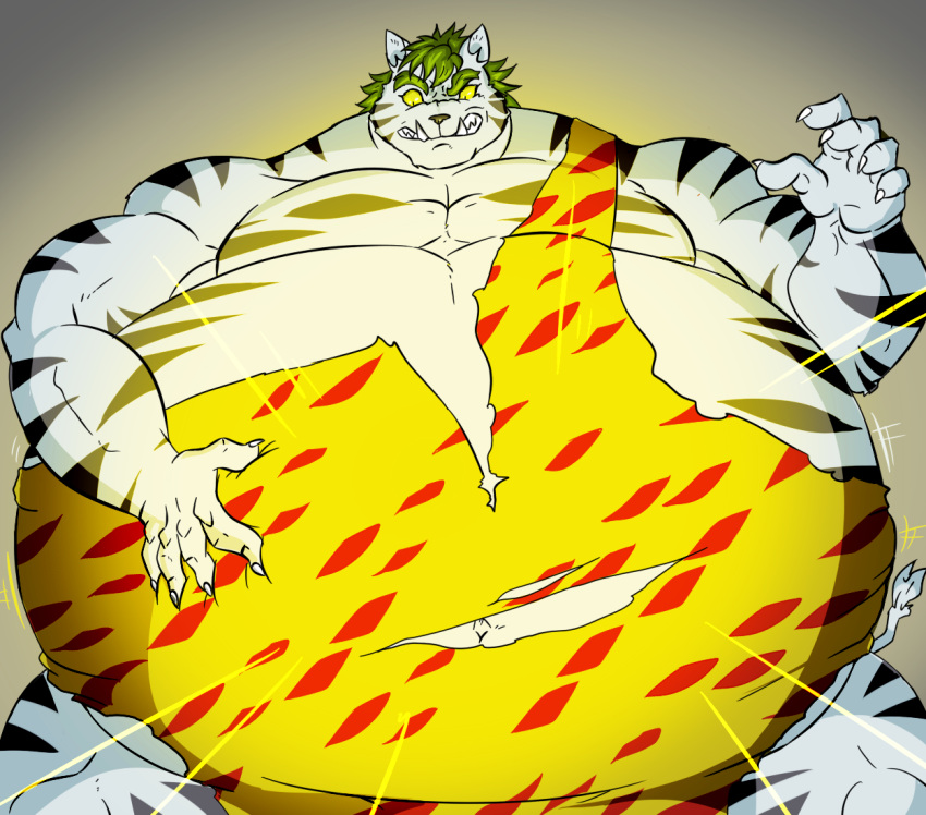 anthro belly belly_inflation big_belly byakko_(yu_yu_hakusho) clothing demon felid green_hair hair hand_on_stomach inflation male mammal muscular muscular_male navel pantherine pecs ready_to_pop reagan700 solo tiger torn_clothing yu_yu_hakusho