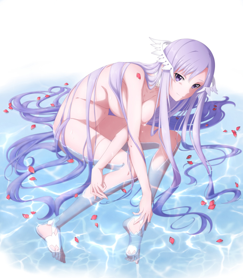 1girl absurdres bare_arms bare_legs bare_shoulders barefoot_sandals feet flower hair_censor hair_over_breasts hair_over_crotch highres long_hair looking_at_viewer nude pedal peri_(qq2748089832) purple_eyes purple_hair quinella rose soles sword_art_online sword_art_online:_alicization very_long_hair water wet