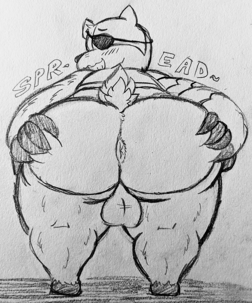 anthro anus backsack badger badgerclops balls big_butt blush butt cartoon_network eye_patch eyewear fauxtellno1 genitals grin hi_res looking_back male mammal mao_mao:_heroes_of_pure_heart mustelid musteline overweight presenting presenting_anus smile solo spread_butt spreading traditional_media_(artwork)