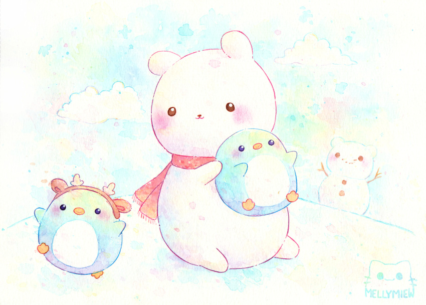 :3 animal animal_focus artist_logo artist_name bear bird bisquii blush chibi closed_mouth cloud english_commentary fake_antlers holding looking_at_another no_humans original outdoors painting_(medium) penguin red_scarf scarf sitting smile snow snowman standing standing_on_one_leg traditional_media watercolor_(medium)