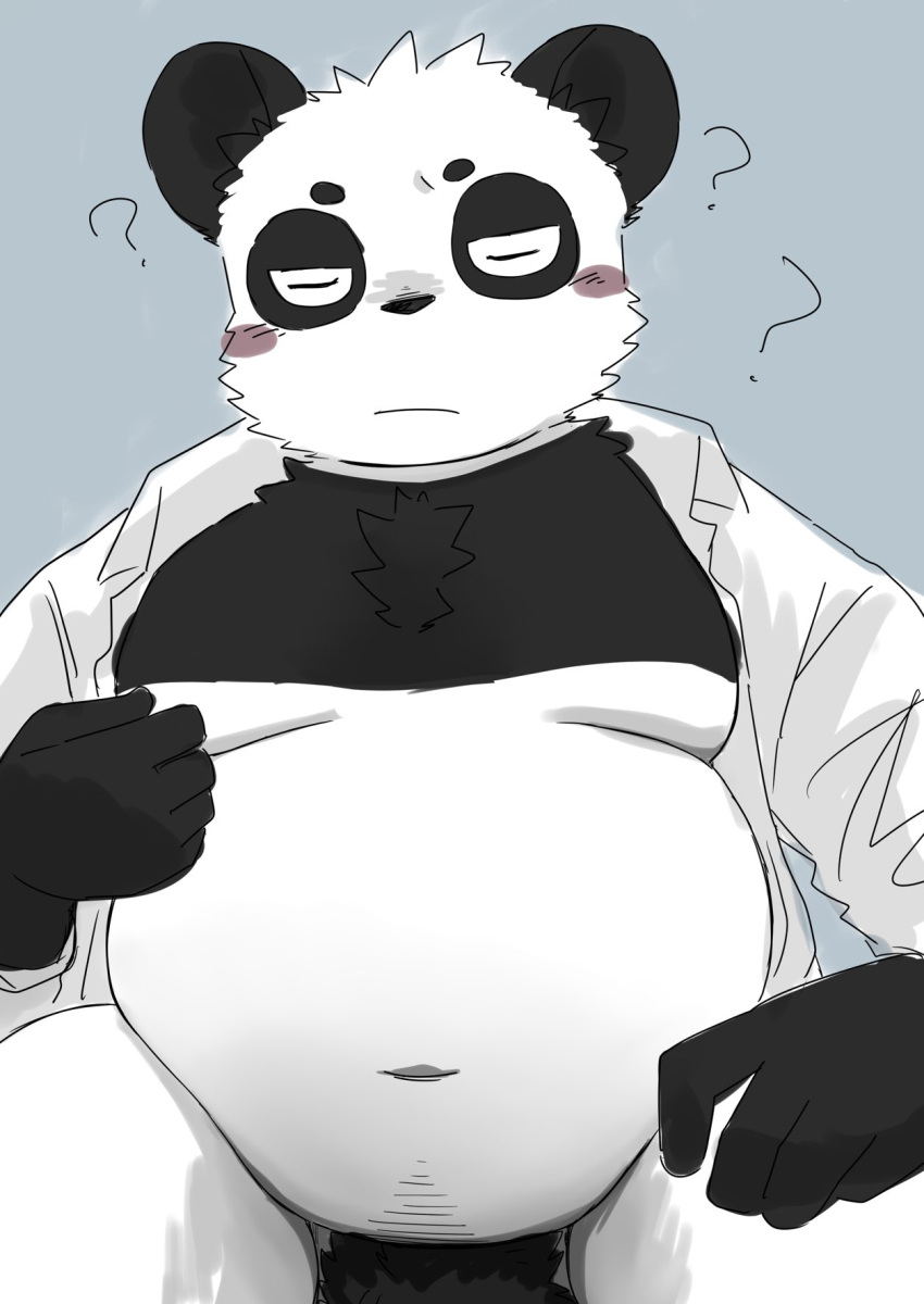 2022 anthro barely_visible_genitalia barely_visible_penis belly big_belly black_body black_nose blush clothed clothing eyes_closed genitals giant_panda hi_res kemono male mammal moobs navel nipples open_clothing open_shirt open_topwear overweight overweight_male penis question_mark shirt simple_background sitting solo tobyou_222 topwear ursid white_body