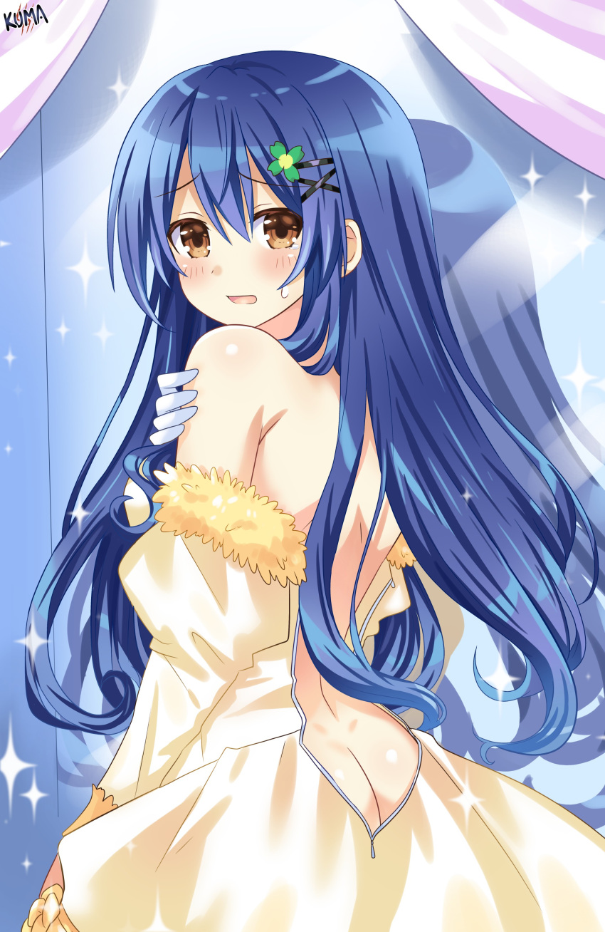 1girl absurdres artist_name ass bare_back bare_shoulders blue_hair bra brown_eyes commentary_request cowboy_shot curly_hair curtains date_a_live dress eyebrows_visible_through_hair forehead from_behind fur_trim gloves hair_between_eyes hair_ornament highres indoors itsuka_shiori lewdkuma long_hair looking_at_viewer looking_back no_bra no_panties nude off_shoulder open_mouth panties shadow solo sparkle sweatdrop underwear white_gloves x_hair_ornament yellow_dress