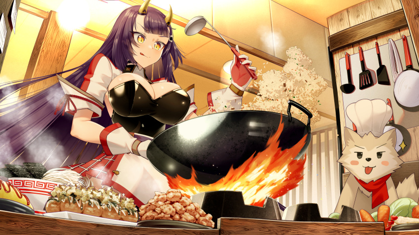 1girl :q apron backlighting bangs blunt_bangs bowl breasts cabbage carrot chef_hat cleavage closed_mouth cluseller commission cooking dog fire food fried_chicken fried_rice from_below gloves hand_up hat highres holding holding_ladle horns indie_virtual_youtuber indoors karaage katsuobushi ketchup kitchen ladle long_hair looking_at_viewer miniskirt nori_(seaweed) omelet omurice oni oni_horns onigiri_(vtuber) plaid plaid_skirt plate pleated_skirt purple_hair red_skirt second-party_source shrimp shrimp_tempura sieve skirt slit_pupils solo spatula standing steam strainer takoyaki tempura tongs tongue tongue_out upper_body v-shaped_eyebrows very_long_hair virtual_youtuber waist_apron wok yellow_eyes