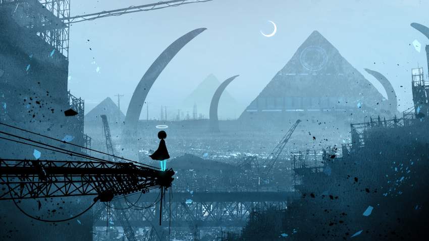 1girl black_dress black_hair building commentary crane_(machine) dress english_commentary halo highres medium_hair original outdoors pyramid rinneko_(rinne_paint) ruins scenery silhouette solo utility_pole