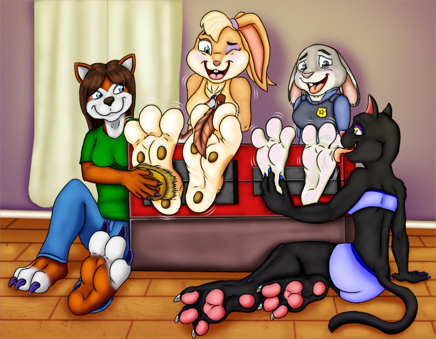 2018 3_toes 5_fingers anthro black_body black_fur blonde_hair blue_eyes brown_body brown_fur brush buckteeth canid canine claws clothing digital_media_(artwork) disney domestic_cat eyeshadow feet felid feline felis female fingers foot_fetish foot_lick foot_play fox fur grey_body grey_fur group hair judy_hopps lagomorph laugh leporid licking lola_bunny long_tail looney_tunes makeup mammal open_mouth paws purple_eyes rabbit smile tan_body tan_fur teeth tickling toe_claws toes tongue tongue_out warner_brothers willow_(willows) wuffeet yellow_eyes zoey_(willows) zootopia