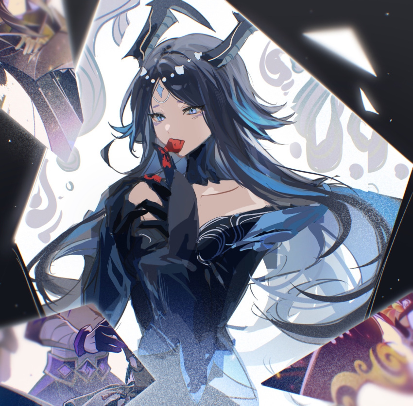 1girl applying_makeup blue_eyes blue_hair bonanus_(genshin_impact) bosacius_(genshin_impact) chinese_commentary claws collarbone commentary_request facial_mark genshin_impact hair_flaps highres horns long_hair makeup mouth_hold multicolored_hair off_shoulder rouge_(makeup) shards solo streaked_hair two-tone_hair upper_body vidoakdame white_background