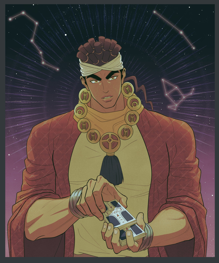 1boy absurdres acea_n card_deck cloak constellation dark-skinned_male dark_skin earrings headband highres jewelry jojo_no_kimyou_na_bouken male_focus mohammed_avdol necklace orange_scarf ponytail robe scarf shuffling_cards solo stardust_crusaders tarot