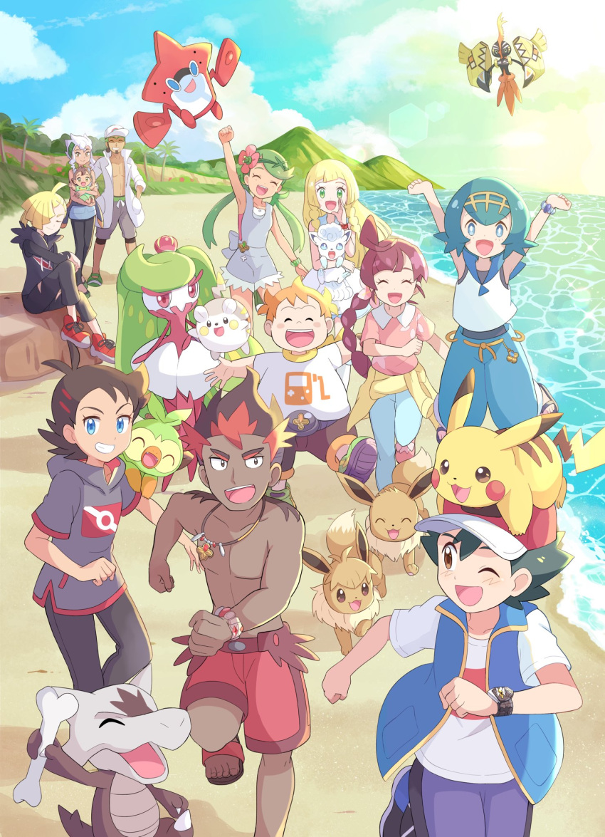 5girls 6+boys :d ;d ahoge alolan_marowak alolan_vulpix antenna_hair arms_up ash_ketchum baby bangs blonde_hair blue_eyes blue_hair blue_pants blue_sailor_collar bracelet braid braided_ponytail bright_pupils brown_eyes brown_hair brown_pants burnet_(pokemon) carrying chloe_(pokemon) clenched_hands closed_eyes clothes_around_waist cloud collared_shirt commentary_request day eevee eyelashes flip-flops flower gladion_(pokemon) goh_(pokemon) green_footwear grey_overalls grey_shirt grey_shorts grin grookey hair_flower hair_ornament hairband hat highres holding holding_pokemon hood hood_down hoodie jewelry kiawe_(pokemon) kukui_(pokemon) labcoat lana_(pokemon) lillie_(pokemon) mallow_(pokemon) mei_(maysroom) multiple_boys multiple_girls necklace no_sclera on_head one-piece_swimsuit one_eye_closed open_mouth orange_hair outdoors overalls palm_tree pants pikachu pink_flower pink_footwear pink_shirt pokemon pokemon_(anime) pokemon_(creature) pokemon_journeys pokemon_on_head red_footwear red_shorts rotom rotom_dex sailor_collar sand sandals shirt shoes shore short_hair short_sleeves shorts sitting sky sleeveless sleeveless_shirt smile sophocles_(pokemon) standing swimsuit swimsuit_under_clothes t-shirt tapu_koko teeth toes togedemaru tongue topless_male torn_clothes torn_pants tree tsareena upper_teeth water white_headwear white_pupils white_shirt yellow_hairband z-ring