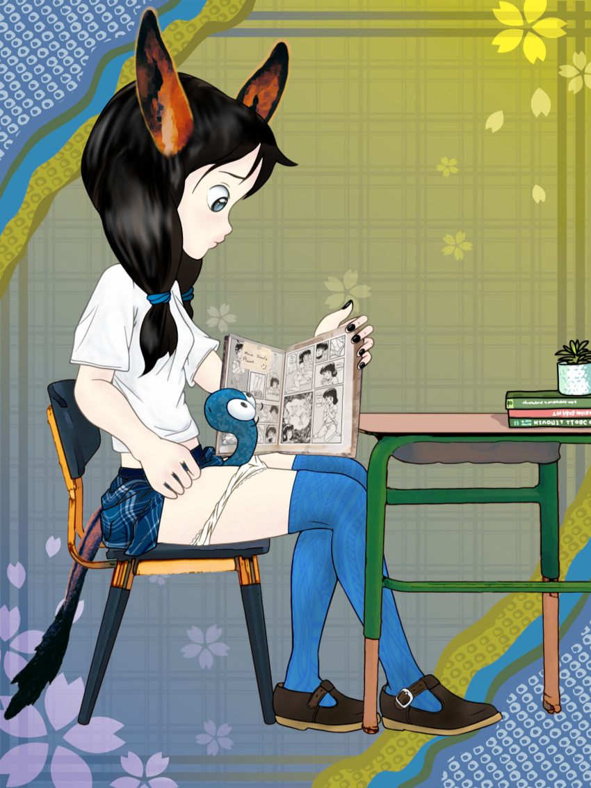 3:4 animal_ears black_hair chair clothed clothing donkey_girl female furniture gynomorph hair hi_res human humanoid intersex legwear long_hair mammal on_chair panties panties_down partially_clothed reading_magazine school_uniform sitting sitting_on_chair solo stockings underwear underwear_down uniform