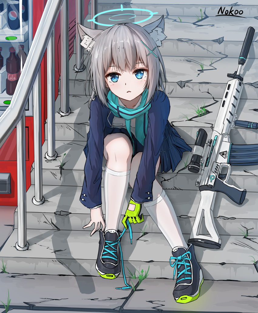 1girl absurdres animal_ear_fluff animal_ears artist_name assault_rifle bangs black_footwear blue_archive blue_eyes blue_jacket blue_necktie blue_scarf blue_skirt can cola commentary_request full_body gloves green_gloves grey_hair gun halo highres jacket kneehighs leaning_forward long_hair long_sleeves looking_at_viewer necktie nokoo open_clothes open_jacket pepsi pleated_skirt railing rifle scarf scope shiroko_(blue_archive) shirt shoes sig_sauer sig_sauer_556 signature single_glove sitting sitting_on_stairs skirt soda_bottle soda_can solo stairs stone_stairs tying_footwear vending_machine weapon white_legwear white_shirt