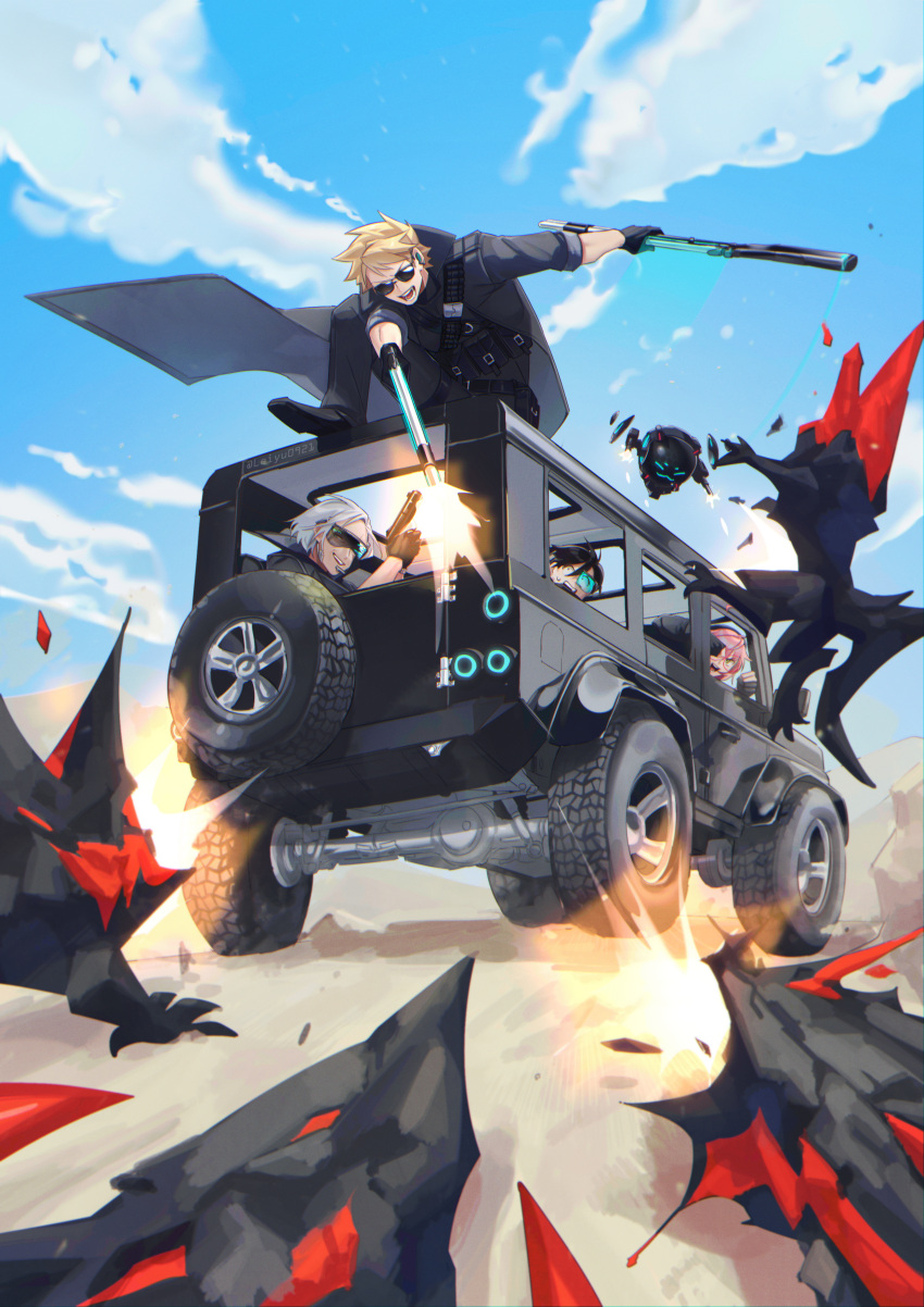 2boys 2girls absurdres action ahoge ammunition_belt attack belt black_coat black_footwear black_hair black_pants blonde_hair blue_sky blurry cloud coat collared_coat commentary_request counter:side day dirt_road drone dual_wielding firing floating_clothes glasses gloves glowing glowing_weapon grin ground_vehicle gun handgun head-mounted_display highres holding holding_gun holding_weapon jake_walker jeep kyle_wong light_trail lin_leiyu0921 looking_at_another maria_antonov monster motor_vehicle multiple_boys multiple_girls muzzle_flash on_vehicle open_mouth pants partially_fingerless_gloves pink_hair road rock round_eyewear sanpaku shoes shotgun sky sleeves_past_fingers sleeves_past_wrists sleeves_rolled_up smile spare_tire spiked_hair sunglasses sweatdrop sylvia_lena_cooper twitter_username utility_belt v-shaped_eyebrows weapon white_hair wireless_earphones