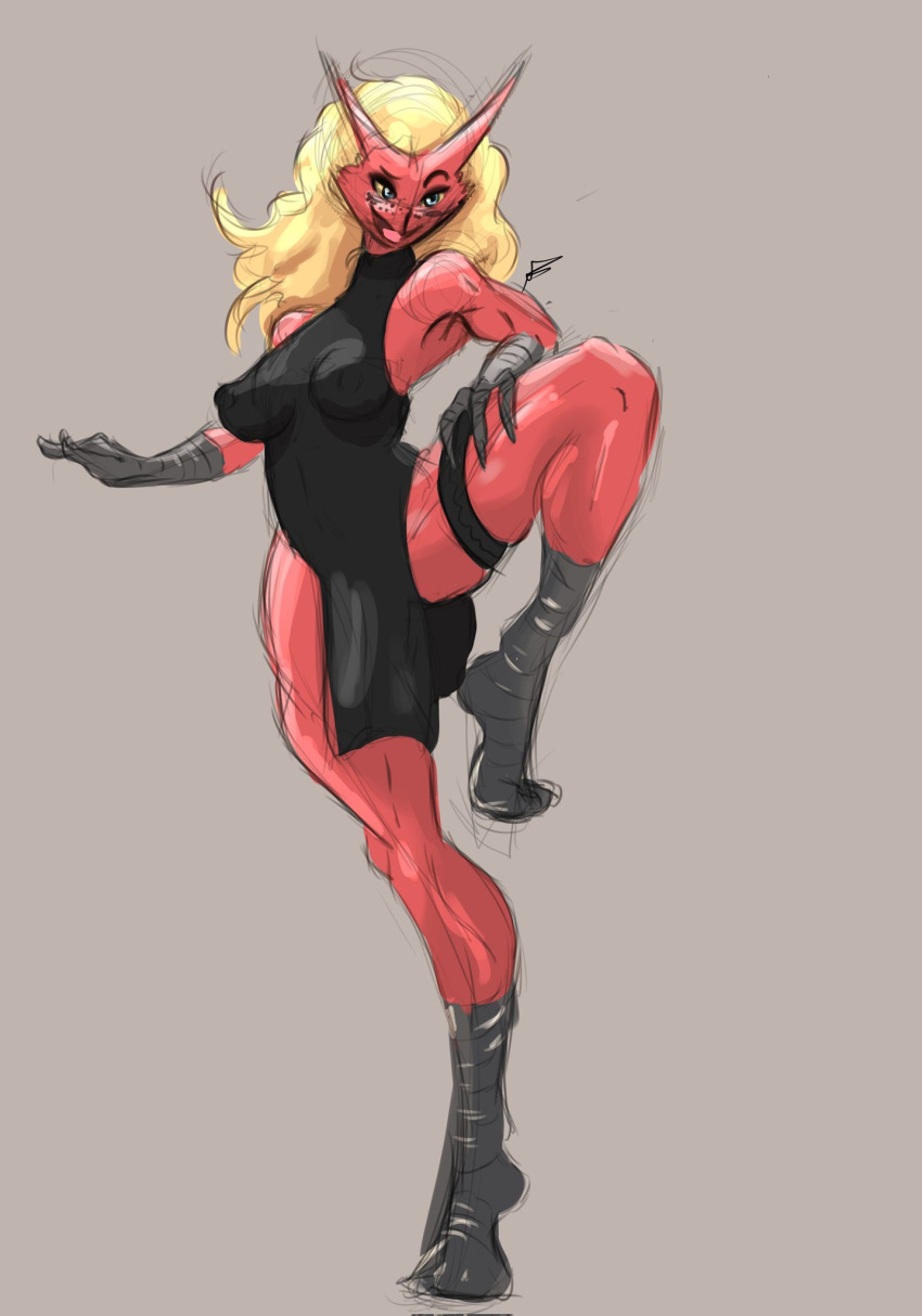 2022 anthro athletic athletic_female blaziken blonde_hair blue_eyes breasts clawed_fingers clothing colored_sketch female grey_background hair hi_res medium_breasts nintendo nipple_outline one_leg_up pok&eacute;mon pok&eacute;mon_(species) poppy's69 raised_leg red_body signature simple_background sketch sleeveless_dress solo talons tight_clothing video_games yellow_sclera