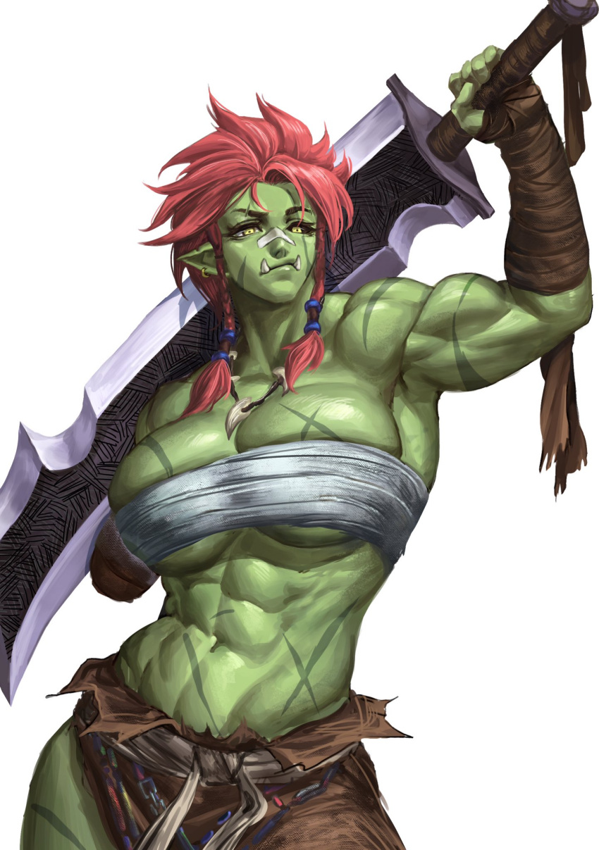 1509virgoart 1girl abs amputee bandages bangs braid braided_bangs breasts colored_skin earrings greatsword green_skin highres jewelry large_breasts loincloth looking_to_the_side medium_hair missing_limb muscular muscular_female necklace orc original over_shoulder pointy_ears red_hair sarashi scar skirt solo sword tusks weapon weapon_over_shoulder white_background yellow_eyes