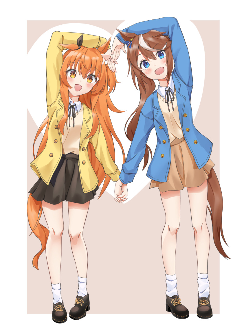 2girls animal_ears bare_legs black_footwear black_skirt blazer blue_eyes blue_jacket brown_hair commentary_request dusu_(htkj) ear_bow heart highres horse_ears horse_girl horse_tail jacket long_hair looking_at_viewer mayano_top_gun_(umamusume) miniskirt multicolored_hair multiple_girls necktie open_mouth orange_eyes orange_hair skirt socks streaked_hair sweater tail tokai_teio_(umamusume) two-tone_hair two_side_up umamusume white_hair white_legwear yellow_jacket