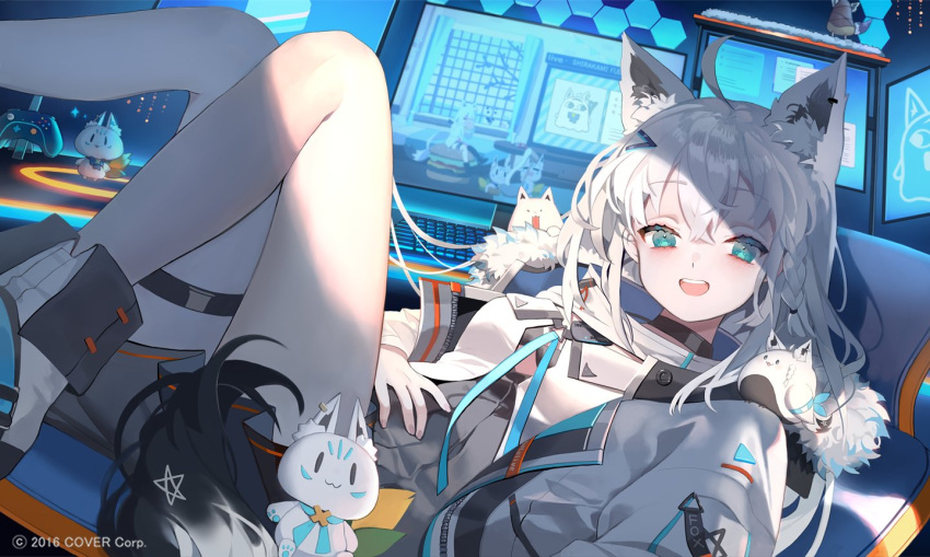 1girl :d ahoge animal_ears bangs blue_eyes braid breasts burger chair choker commentary controller copyright_name eyebrows_visible_through_hair food fox_ears fox_girl full_body gaming_chair hair_ornament hand_on_own_stomach hololive jacket karohroka keyboard_(computer) long_hair lying monitor shirakami_fubuki side_braid single_braid skirt smile solo sukonbu_(shirakami_fubuki) tail thigh_strap virtual_youtuber white_hair