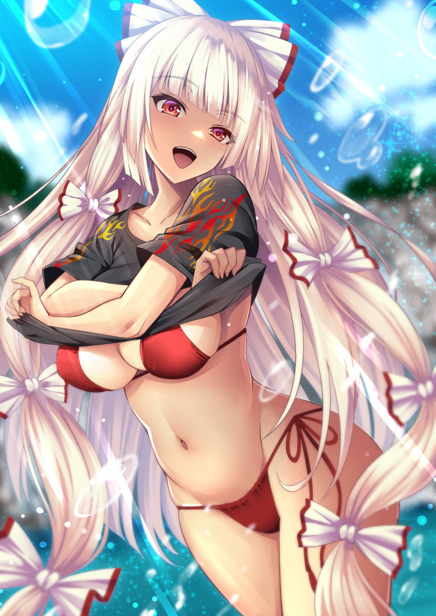 1girl bangs bikini breasts eyebrows_visible_through_hair fujiwara_no_mokou highres hijikawa_arashi hime_cut large_breasts long_hair navel red_eyes sidelocks solo string_bikini swimsuit touhou very_long_hair white_hair