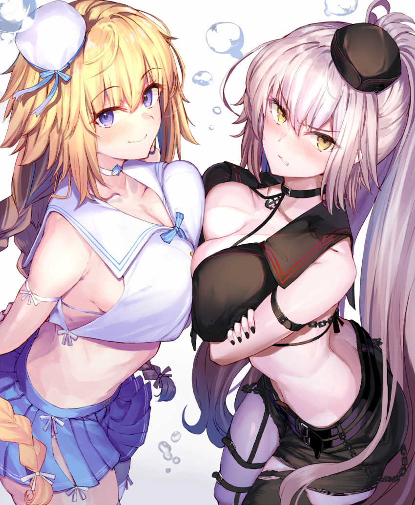 2girls arm_strap bangs black_collar black_headwear black_nails black_shorts blonde_hair blue_eyes blue_skirt blush breasts choker cleavage collar commentary_request crossed_legs docking eyebrows_visible_through_hair fate/grand_order fate_(series) from_above grey_hair highres jeanne_d'arc_(fate) jeanne_d'arc_alter_(fate) large_breasts long_hair looking_at_viewer looking_up miniskirt multiple_girls ninoude_(ninoude44) pleated_skirt ponytail short_shorts shorts skirt smile thigh_strap white_background white_choker white_headwear yellow_eyes