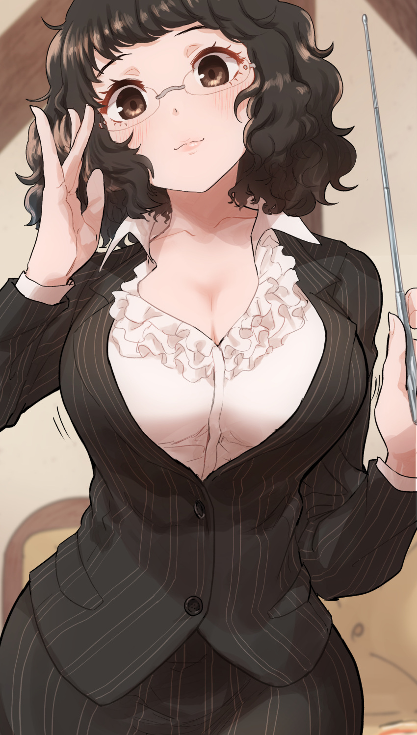 1girl absurdres adjusting_eyewear bespectacled black_hair black_jacket black_skirt blush breasts cleavage commentary_request glasses highres holding holding_pointer jacket kawakami_sadayo kurosususu large_breasts light_brown_hair lips looking_at_viewer looking_down messy_hair open_collar parted_lips persona persona_5 pointer semi-rimless_eyewear short_hair skirt solo striped striped_jacket striped_skirt teacher