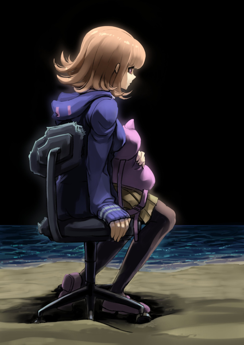 1girl absurdres animal_bag arm_support bangs beach black_background black_legwear brown_hair brown_skirt cat_bag chair danganronpa_(series) danganronpa_2:_goodbye_despair flipped_hair from_side highres hood hood_down long_sleeves nanami_chiaki ocean outdoors pink_bag pink_footwear pleated_skirt shiny shiny_hair shoes skirt solo youko-shima