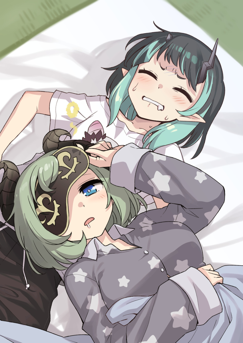 2girls alternate_costume bangs black_hair blue_eyes blue_hair blush breasts brown_horns closed_eyes collared_shirt commentary_request demon_girl demon_horns green_hair grey_horns grey_shirt head_on_another's_stomach heebee highres honey_strap horns large_breasts long_sleeves looking_at_viewer multicolored_hair multiple_girls open_mouth pajamas pointy_ears sekishiro_mico shirt shishio_chris sleep_mask small_breasts star_(symbol) star_print sugar_lyric two-tone_hair upper_body virtual_youtuber white_shirt