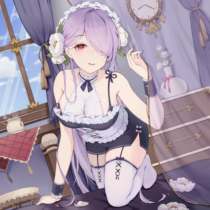 1girl bed chair clock cup curtains daichengqi flower happy highres maid maid_headdress one_eye_covered pink_ribbon purple_hair red_eyes ribbon see-through table thighhighs vase white_flower white_legwear window