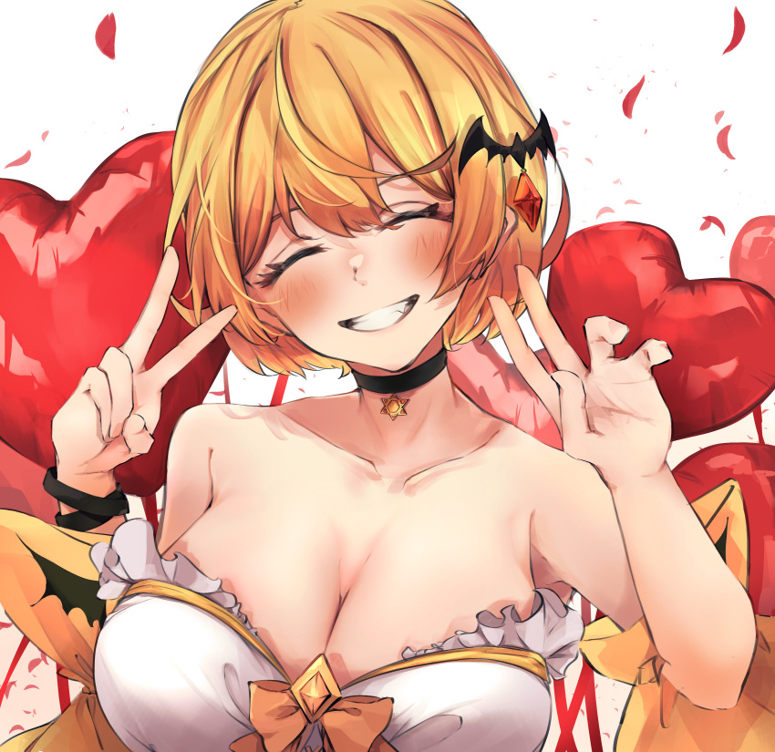 1girl absurdres bare_shoulders bat_hair_ornament black_choker blonde_hair blush bob_cut breasts chemise choker cleavage double_v facing_viewer fang frills grin hair_ornament hairclip hexagram highres hololive jewelry large_breasts pendant revealing_clothes short_hair smile solo strapless upper_body v virtual_youtuber yozora_mel yukirei