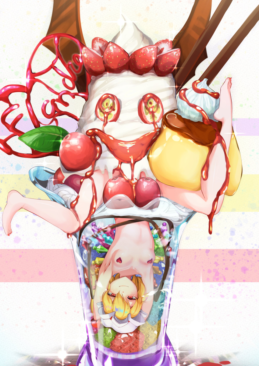 1girl absurdres armpits barefoot blonde_hair bow breasts chopsticks convenient_censoring eyebrows_visible_through_hair flandre_scarlet food fruit hat hat_bow heart highres ice_cream maruhage_p milkshake mob_cap navel nude pasties pillow_hat red_bow red_eyes short_hair small_breasts smile solo strawberry touhou whipped_cream wings