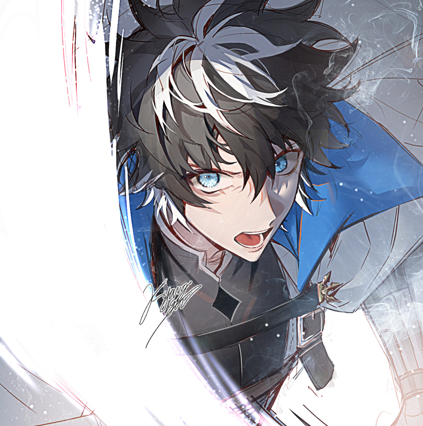 1boy armor black_hair blue_cloak blue_eyes charlemagne_(fate) cloak commentary_request face fate/extella fate/extella_link fate/extra fate/grand_order fate_(series) from_above high_collar highres knight light_particles looking_at_viewer male_focus multicolored_hair open_mouth short_hair signature solo two-tone_hair wago white_cloak white_hair