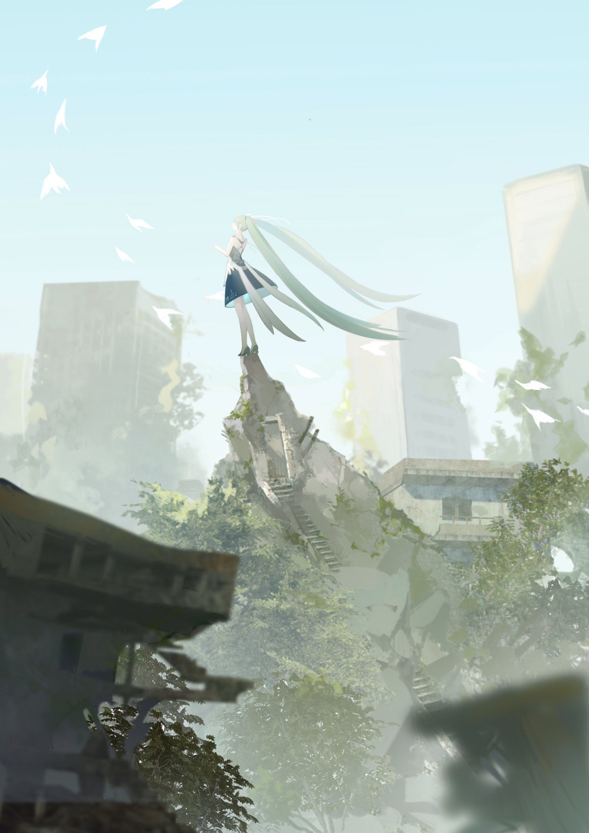 1girl absurdly_long_hair bird blue_dress blue_footwear blurry building commentary day depth_of_field dress from_behind hand_up hatsune_miku high_heels highres long_hair meru02295238 outdoors ruins scenery skyscraper sleeveless sleeveless_dress solo stairs standing train_(clothing) twintails two-sided_fabric two-sided_skirt very_long_hair vocaloid