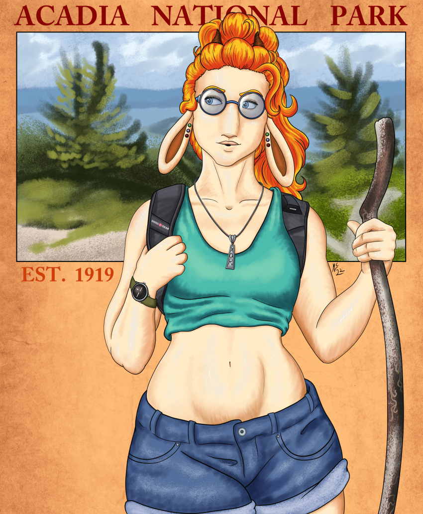 acadia anthro bovid caprine clothing crop_top curvaceous curvy_figure furry goat grace_mccray hair hi_res hiking maine mammal red_hair shirt thick_thighs topwear voluptuous