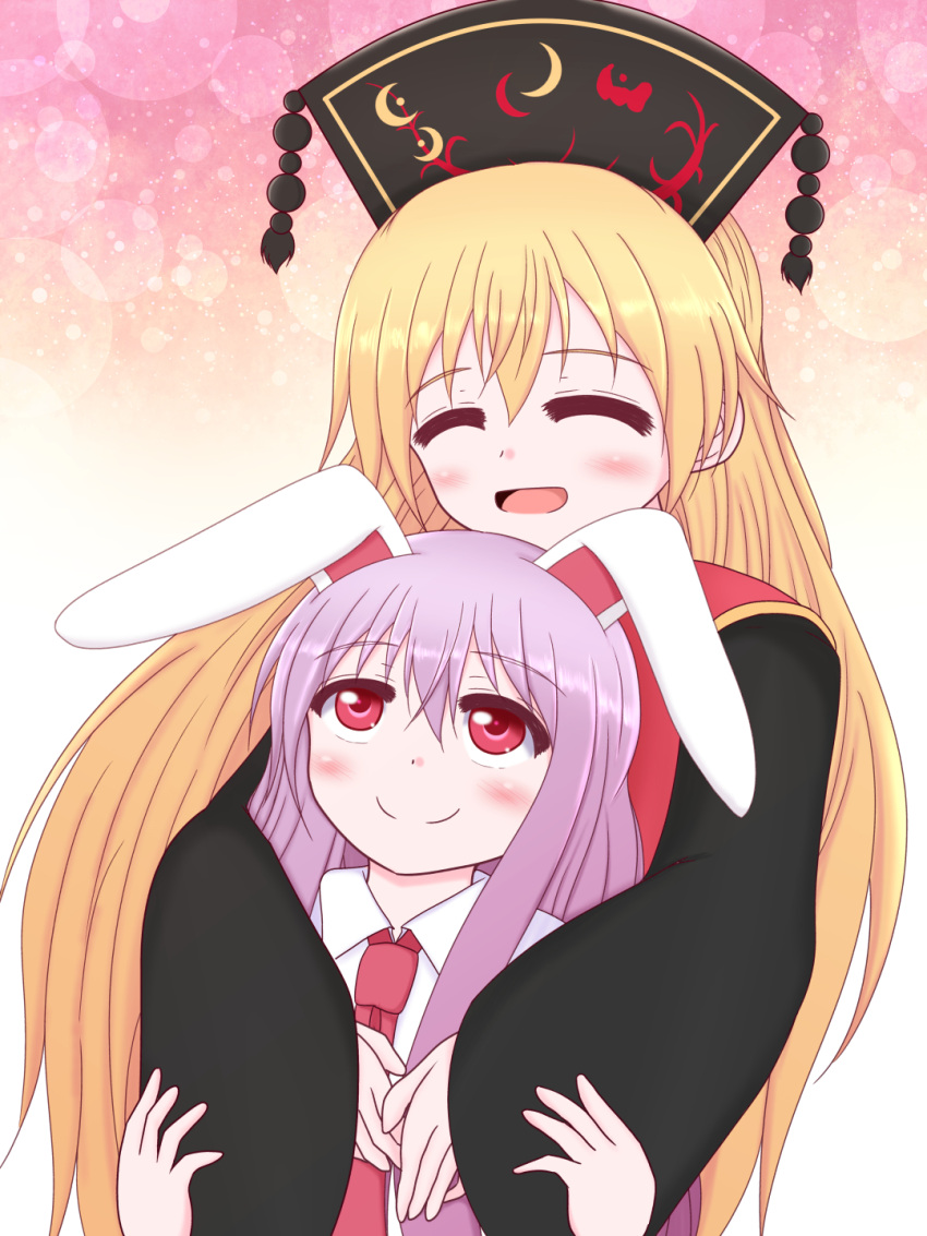 2girls altas bangs black_dress black_headwear blonde_hair blush chinese_clothes closed_eyes closed_mouth collared_shirt crescent dress eyebrows_visible_through_hair gradient gradient_background hair_between_eyes hands_up hat highres hug hug_from_behind junko_(touhou) junko_day long_hair long_sleeves looking_at_another looking_up multicolored_background multiple_girls necktie open_mouth orange_background phoenix_crown pink_background pom_pom_(clothes) purple_hair red_eyes red_necktie reisen_udongein_inaba shirt short_sleeves smile standing tabard tongue touhou white_background white_shirt wide_sleeves yellow_background