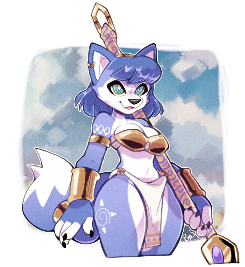 4_fingers anthro blue_body blue_fur blue_hair bra breasts canid canine cleavage clothed clothing female fingers fox fur hair hi_res krystal mammal nintendo punkinbuu smile solo staff star_fox underwear video_games white_body white_fur