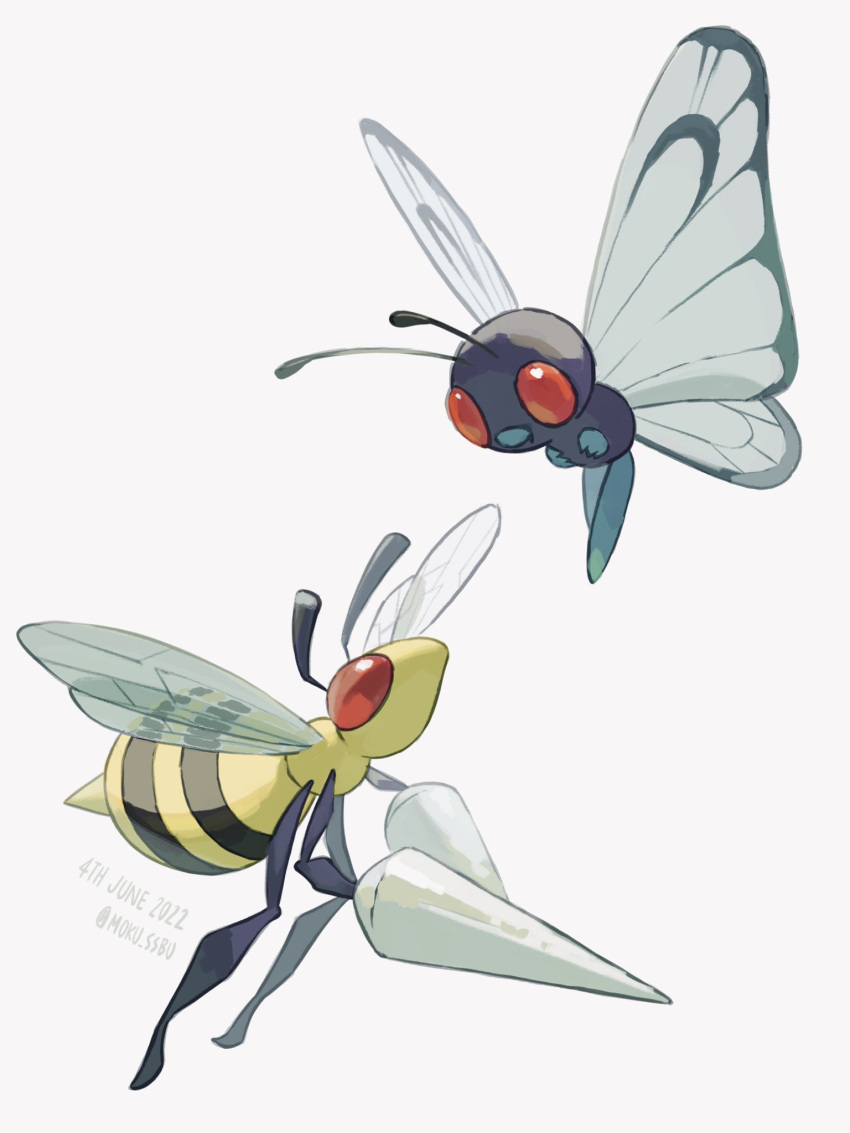 animal_focus bee beedrill bug butterfly butterfree eye_contact highres looking_at_another mokuzou_(moku_ssbu) no_humans pokemon pokemon_(creature) red_eyes simple_background symbol-only_commentary twitter_username white_background