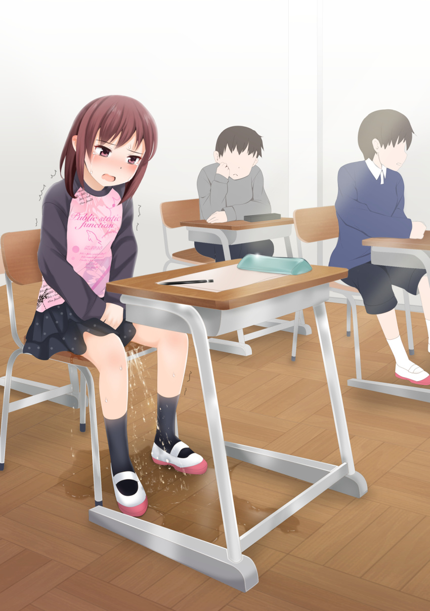 1girl 2boys bangs between_legs black_legwear black_skirt blush breasts brown_hair chair clothes_writing commentary_request desk embarrassed english_text faceless faceless_male flat_chest gokiburi_no_dashi hand_between_legs have_to_pee highres indoors long_sleeves medium_breasts miniskirt multiple_boys nose_blush on_chair open_mouth original own_hands_together paper pee peeing peeing_self pencil pencil_case pink_shirt puddle raglan_sleeves red_eyes school_chair school_desk shirt shoes sidelocks sitting skirt socks solo_focus sweat tears trembling wet wet_clothes white_footwear wooden_floor