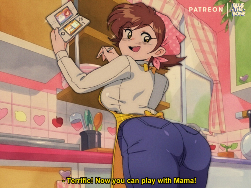 1girl apron ass bandana bluethebone brown_hair cooking_mama english_text handheld_game_console kitchen ladle mama_(cooking_mama) mature_female nintendo_3ds pants plant potted_plant short_hair solo sparkle stylus subtitled window yellow_apron