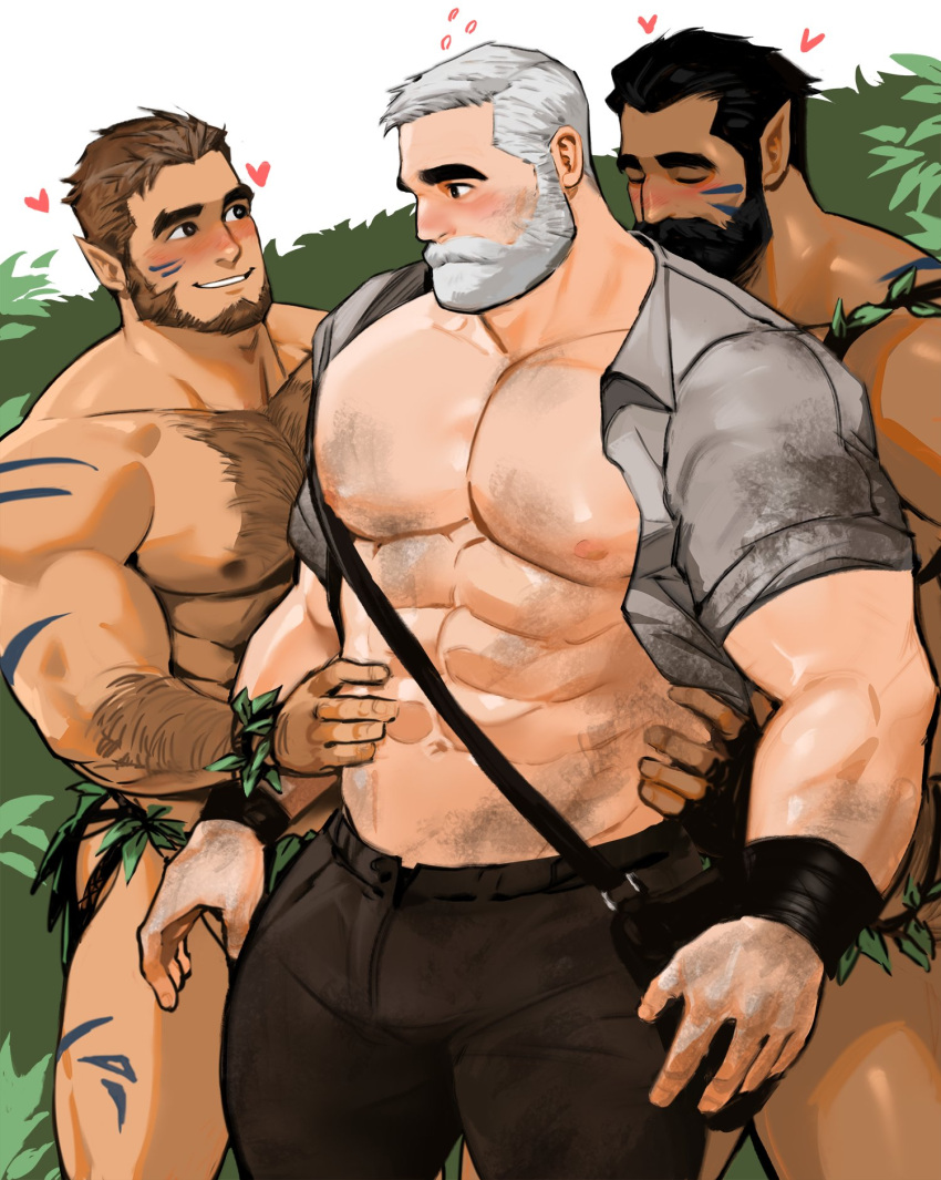 3boys abs arm_hair arm_tattoo bag bara bare_pectorals beard biceps black_hair blush brown_hair chest_hair closed_eyes collared_shirt dirty dirty_clothes dirty_face facial_hair facial_tattoo forest hairy hand_on_another's_stomach hand_on_another's_waist heart highres jang_ju_hyeon large_pectorals leaf loincloth looking_at_another male_focus manly mature_male multicolored_hair multiple_boys muscular muscular_male nature navel nipples open_clothes open_shirt original outdoors pants pectorals pointy_ears shirt smile tan tattoo teeth thick_arms thick_eyebrows thick_thighs thighs tribal tribal_tattoo white_hair wristband