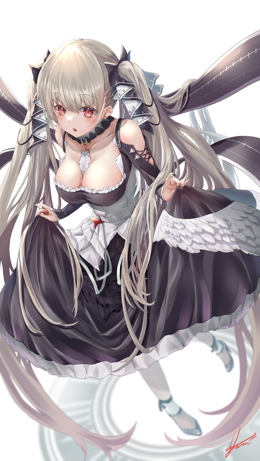 1girl absurdres azur_lane between_breasts black_dress black_footwear black_nails blush breasts cleavage collar collarbone commentary dress eyebrows_visible_through_hair formidable_(azur_lane) grey_hair hair_ornament hair_ribbon highres holding holding_clothes holding_dress jewelry large_breasts long_hair looking_at_viewer nail_polish necktie necktie_between_breasts open_mouth red_eyes ribbon shoes simple_background solo standing twintails two-tone_dress two-tone_ribbon very_long_hair white_background white_dress yam_(yam6056)