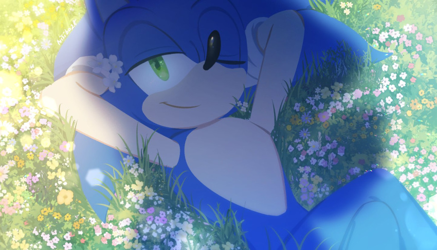 1boy arm_behind_head blue_fur day field flower flower_field gloves grass green_eyes half-closed_eye looking_at_viewer lying male_focus nisibo25 one_eye_closed pointy_nose smirk solo sonic_(series) sonic_frontiers sonic_the_hedgehog spiked_hair