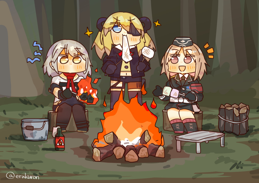 3girls absurdres bangs black_gloves black_legwear blonde_hair blue_eyes breasts brown_eyes bucket burning campfire closed_mouth commission eating eyebrows_visible_through_hair eyepatch food garrison_cap girls'_frontline gloves grey_hair hair_between_eyes hat highres jacket lcron long_sleeves marshmallow military military_uniform molotov_cocktail mp40_(girls'_frontline) multiple_girls navel necktie open_mouth shirt short_hair short_sleeves skorpion_(girls'_frontline) thighhighs twintails uniform vector_(girls'_frontline) yellow_eyes