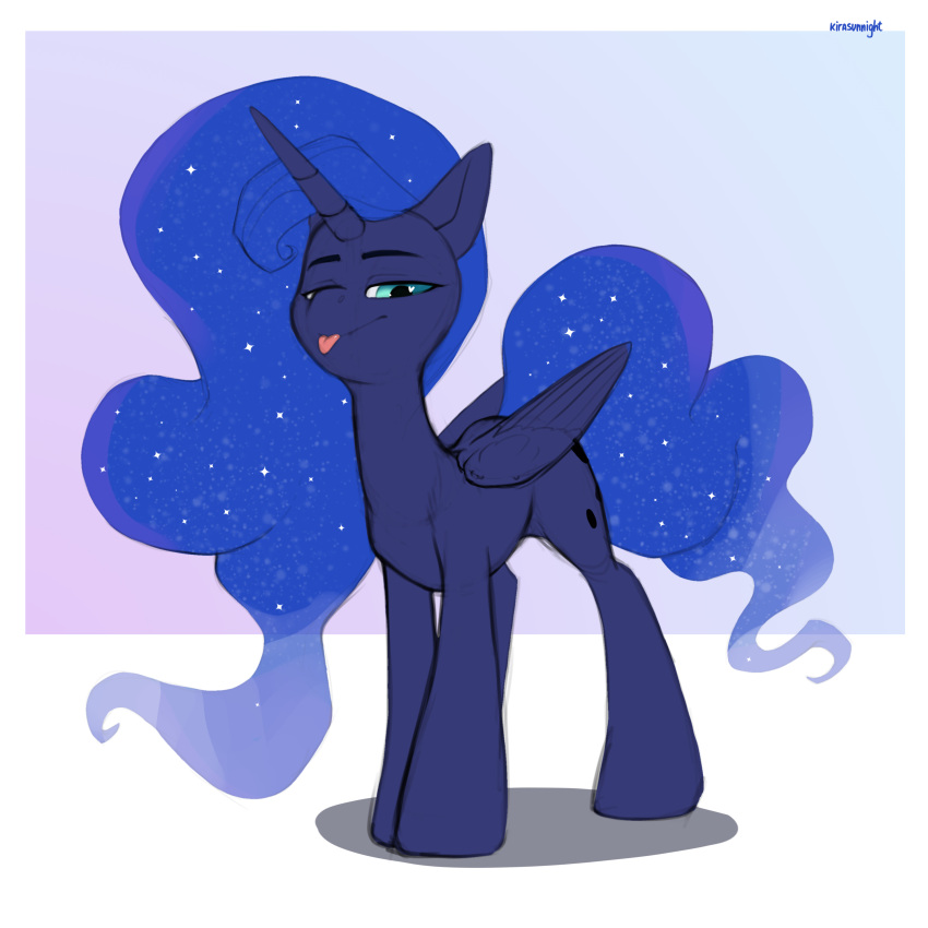 &lt;3 &lt;3_eyes absurd_res blue_body blue_eyes blue_mane blue_tail equid equine eyebrows feathered_wings feathers female feral folded_wings friendship_is_magic half-closed_eyes hasbro hi_res horn kirasunnight mammal mane my_little_pony narrowed_eyes princess_luna_(mlp) smile tongue tongue_out winged_unicorn wings