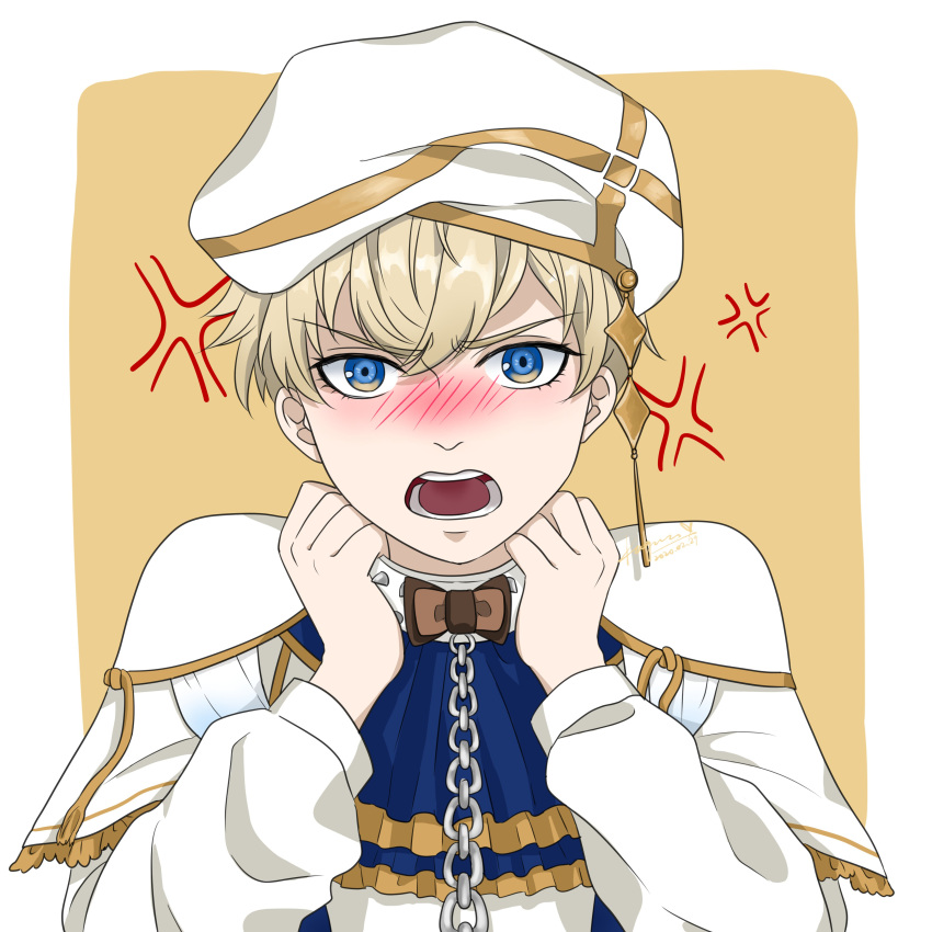 absurdres angry blonde_hair blue_eyes blush collar hat highres leash luke_(obey_me!:_one_master_to_rule_them_all!) maon_obeyme obey_me!:_one_master_to_rule_them_all!