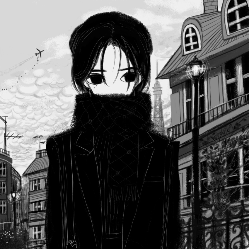 1girl aircraft airplane bomb cloud cloudy_sky coat greyscale hat highres lamppost looking_at_viewer monochrome narue original scarf short_hair sky solo tower when_you_see_it