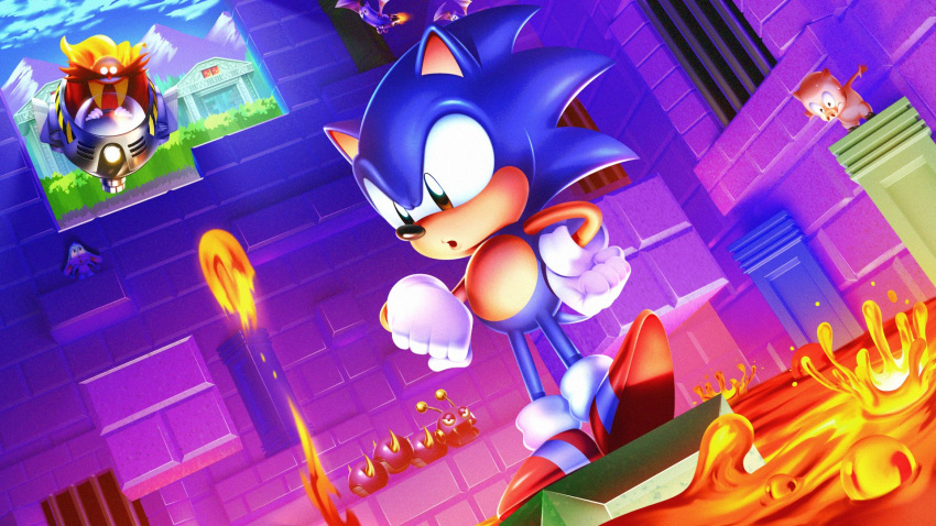 2boys brown_eyes cape clenched_hands dr._eggman english_commentary facial_hair furry furry_male glasses gloves highres looking_down male_focus molten_rock multiple_boys mustache official_art open_mouth pig red_footwear red_shirt robot shirt smile sonic_(series) sonic_the_hedgehog sonic_the_hedgehog_(classic) tripplejaz white_gloves yellow_cape