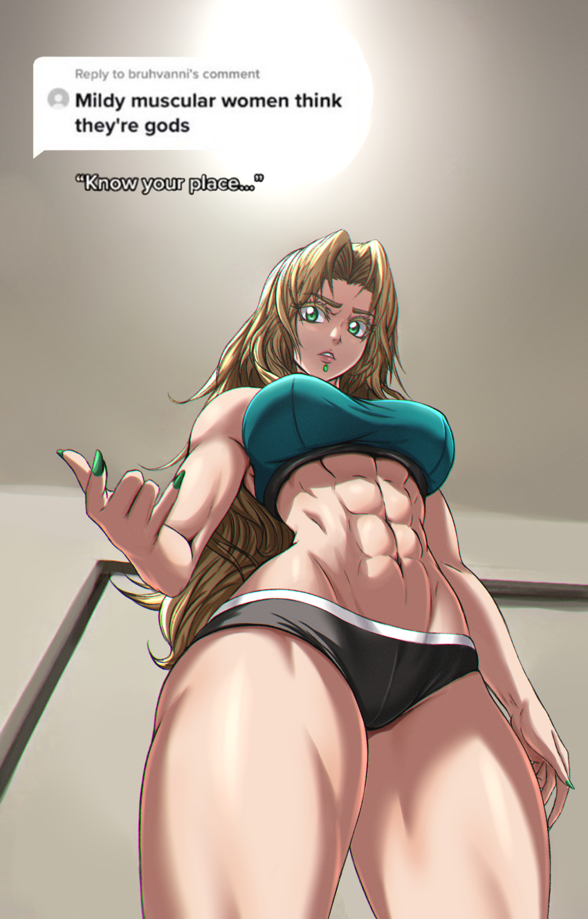 1girl abs absurdres blonde_hair breasts chin_piercing english_text fate/grand_order fate_(series) green_eyes green_nails hair_ornament highres large_breasts leanbeefpatty lipgloss lips long_hair looking_at_viewer looking_down meme mildly_muscular_women_think_they're_gods_(meme) muscular muscular_female nail_polish navel piercing quetzalcoatl_(fate) speech_bubble sportswear thighs tiktok zantyarz