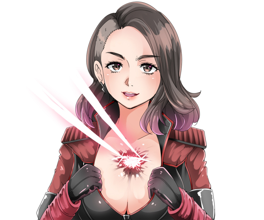 1041_(toshikazu) 1girl animification black_bodysuit black_gloves bodysuit breasts brown_eyes brown_hair cleavage collarbone earrings gloves jewelry large_breasts laser looking_at_viewer medium_hair open_mouth portrait sidecut smile solo stormfront_(the_boys) superhero the_boys white_background
