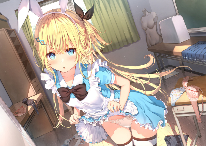 1girl :o animal_ears apron apron_lift bangs black_bow black_ribbon blonde_hair blue_eyes blush bow bra frilled_apron frills hair_ornament hair_ribbon indoors lingerie_girl_wo_okini_mesu_mama long_hair looking_at_viewer maid maid_apron panties rabbit_ears ribbon short_sleeves solo sune_(mugendai) thighhighs underwear