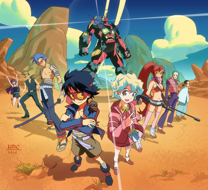 3girls 5boys absurdres artist_name bandaged_leg bandages belt black_hair blue_hair blue_sky boota_(ttgl) cloud crossed_arms gainax gleam goggles green_hair gun gurren-lagann highres holding holding_weapon jacket kamina_(ttgl) kamina_shades kittan_bachika kiyal_bachika leeron_littner letro long_hair mecha multiple_boys multiple_girls nia_teppelin ponytail pose purple_hair rifle rock rossiu_adai shadow shiny simon_(ttgl) sky smile sunglasses sword tengen_toppa_gurren_lagann topless_male v weapon yoko_littner